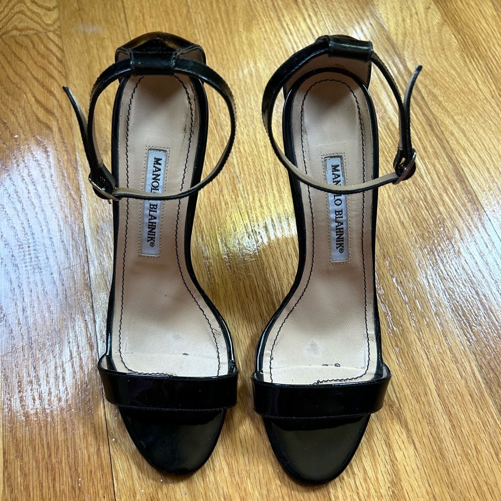 Manolo Blahnik Black Patent Leather “Chaos” Stiletto Sandals 37.5
